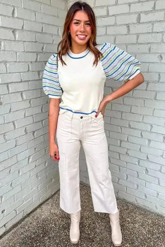 Short Sleeve Sweaters Cozy Cloud Striped Crochet Sweater