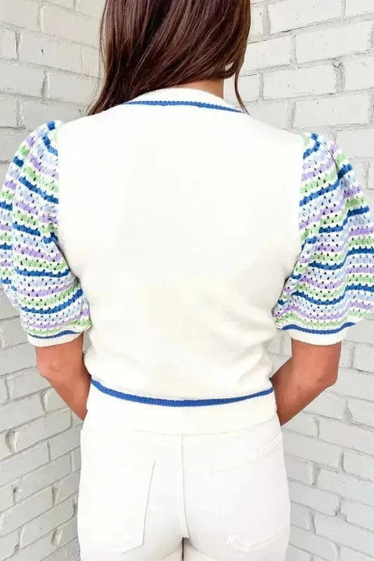 Short Sleeve Sweaters Cozy Cloud Striped Crochet Sweater