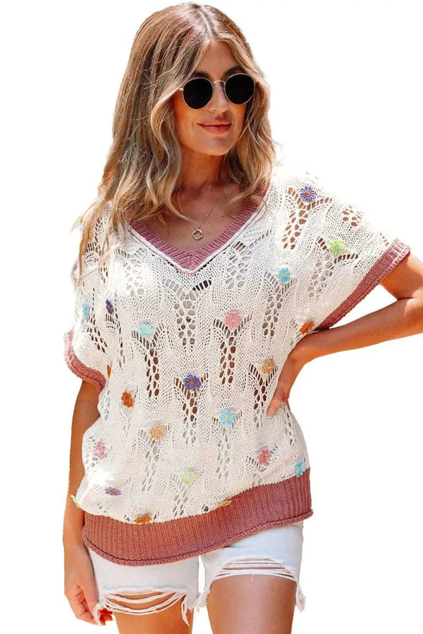 Floral embroidered crochet sweater with cut-out front view — Fashionfitz UK