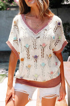 Short Sleeve Sweaters Fashionfitz Embroidered Crochet Sweater for Women