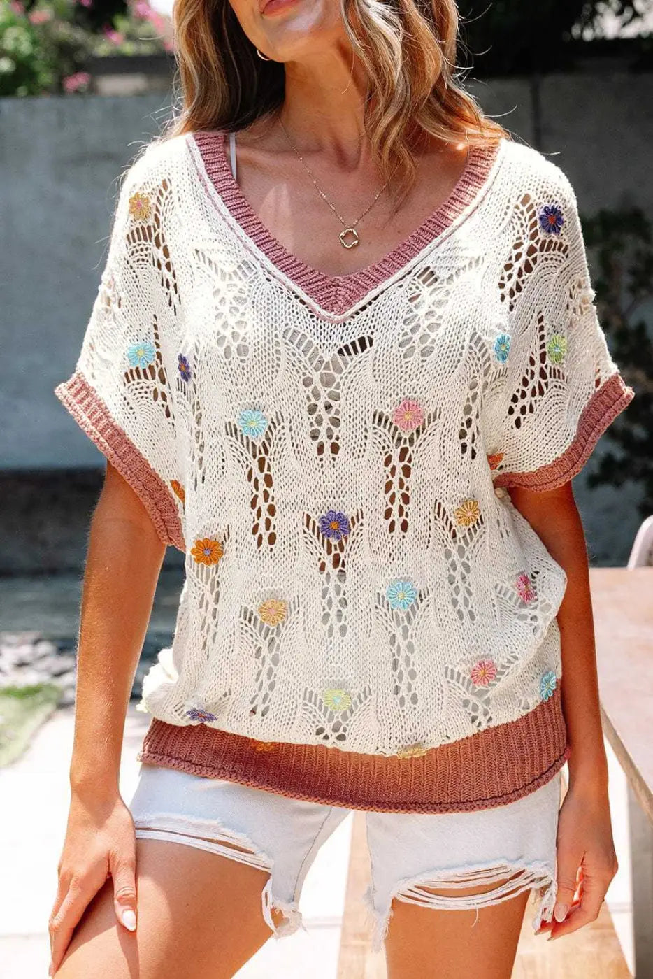 Short Sleeve Sweaters Fashionfitz Embroidered Crochet Sweater for Women