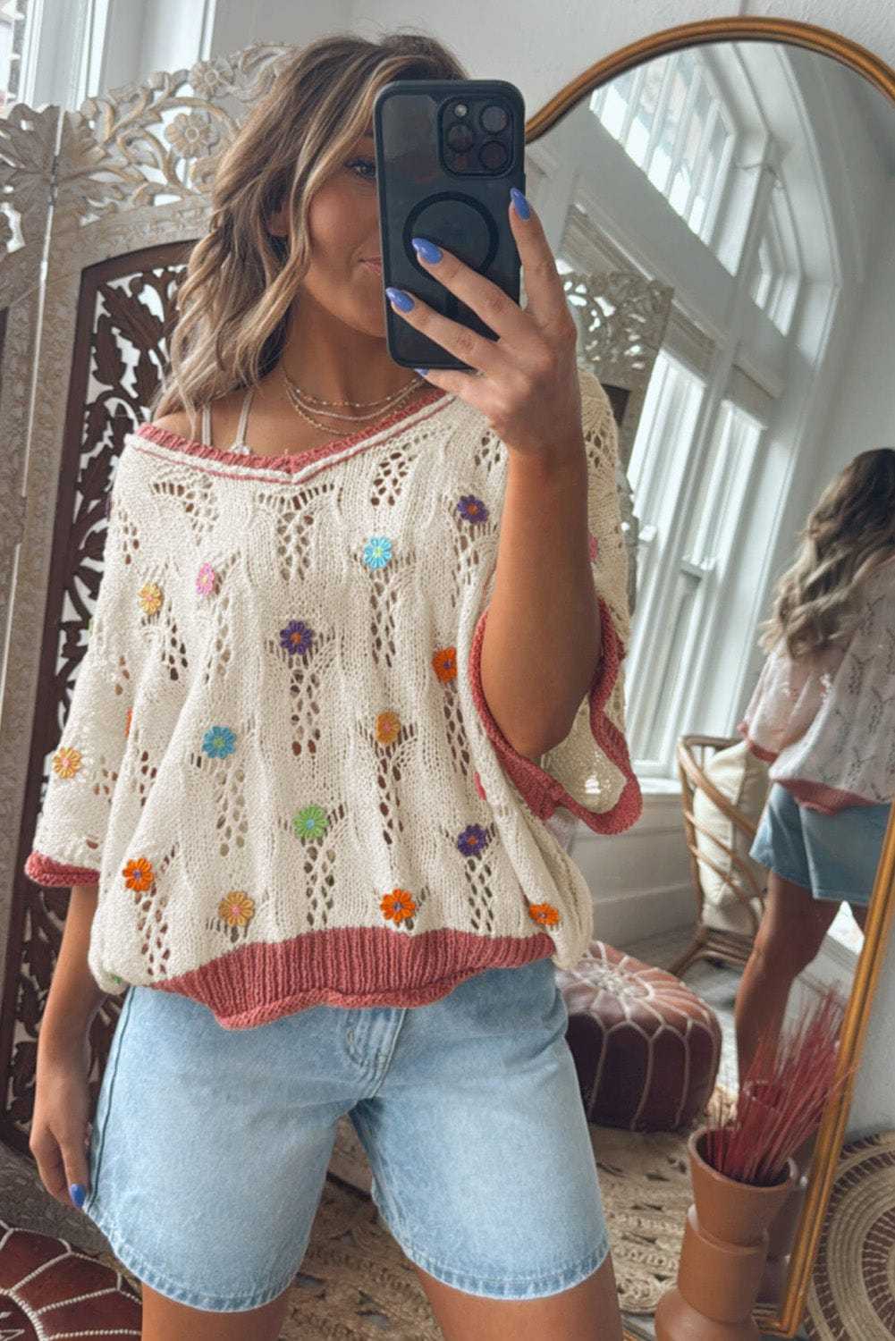 Short Sleeve Sweaters Fashionfitz Embroidered Crochet Sweater for Women
