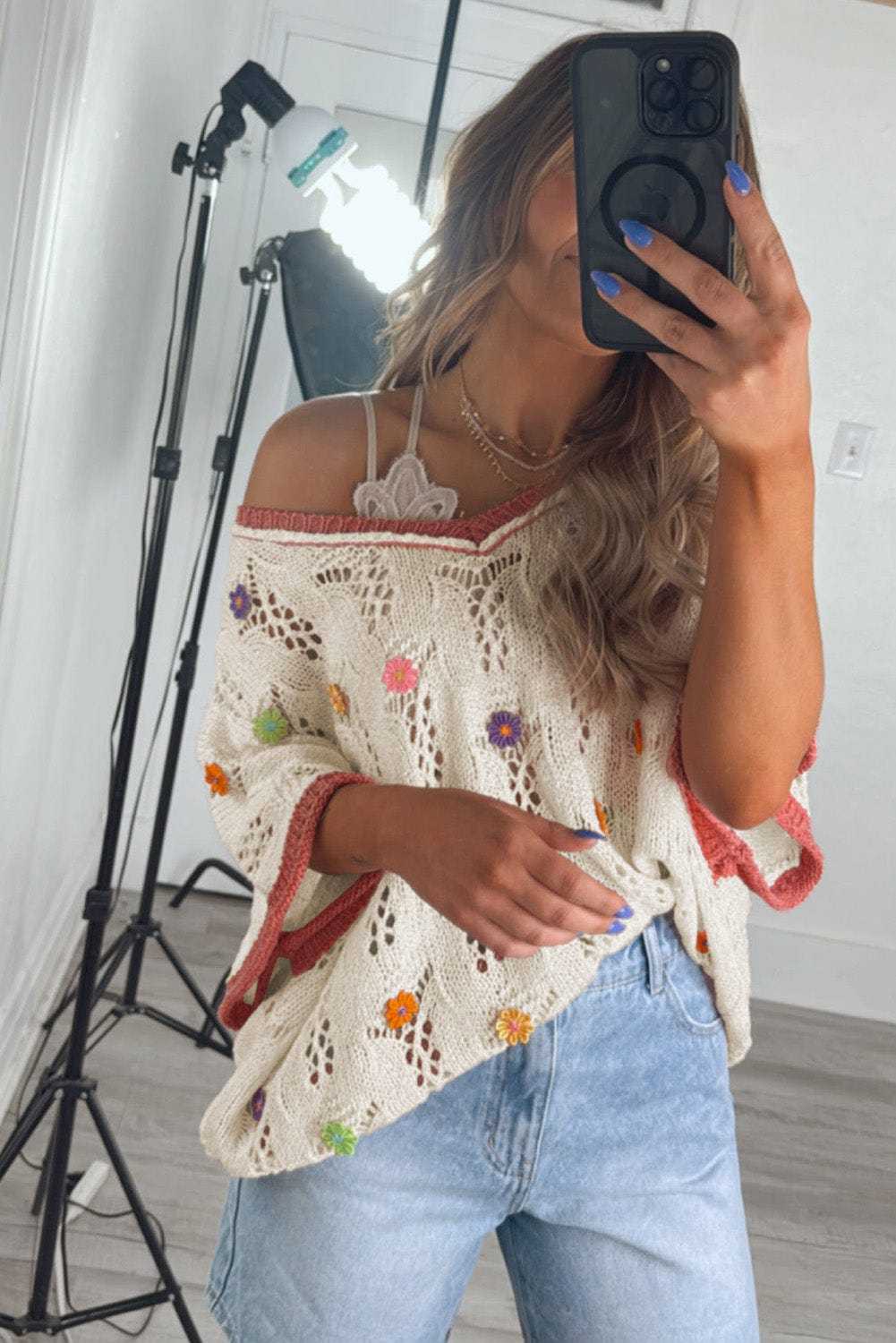 Short Sleeve Sweaters Fashionfitz Embroidered Crochet Sweater for Women