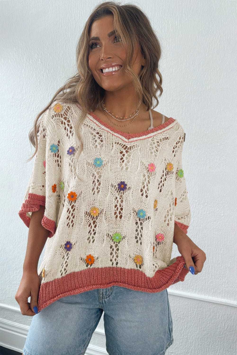 Short Sleeve Sweaters Fashionfitz Embroidered Crochet Sweater for Women