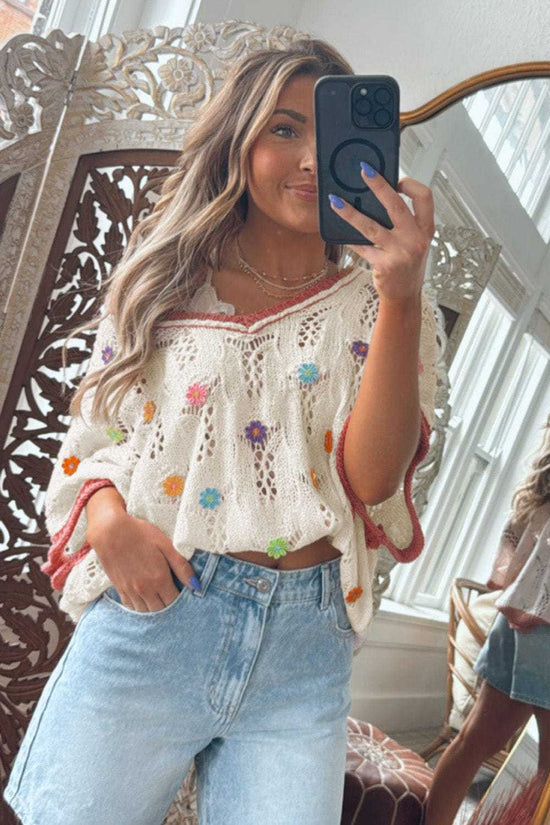 Short Sleeve Sweaters Fashionfitz Embroidered Crochet Sweater for Women