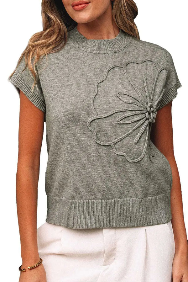 Floral embroidery boxy short sleeve sweater with ribbed trim front view — Fashionfitz UK
