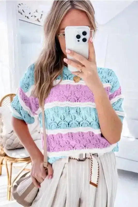 Short Sleeve Sweaters Mosaic Crochet Half Sleeve Sweater