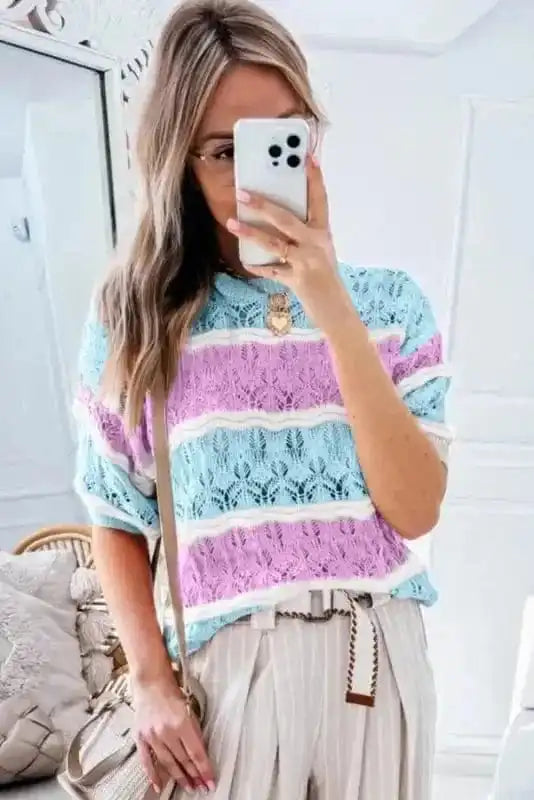 Short Sleeve Sweaters Mosaic Crochet Half Sleeve Sweater