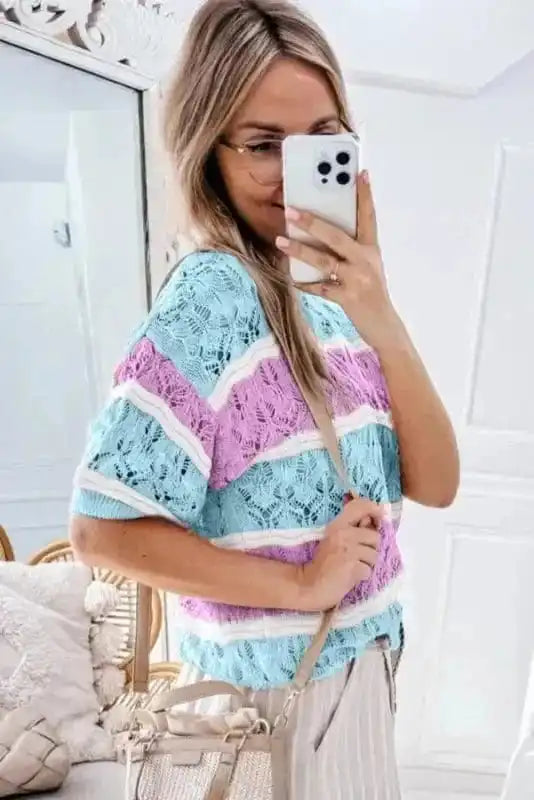 Short Sleeve Sweaters Mosaic Crochet Half Sleeve Sweater