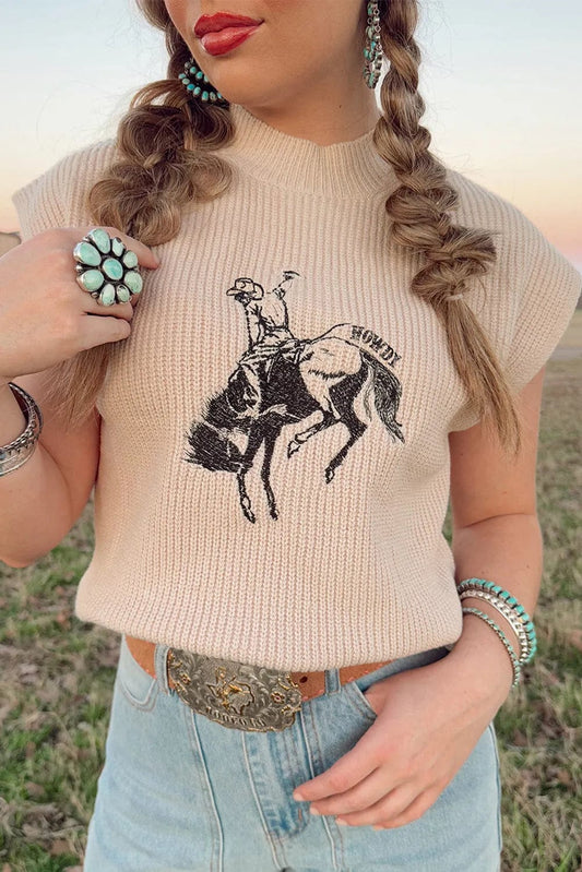 Short Sleeve Sweaters Oatmeal / S / 100%Acrylic Rodeo Graphic Short Sleeve Sweater
