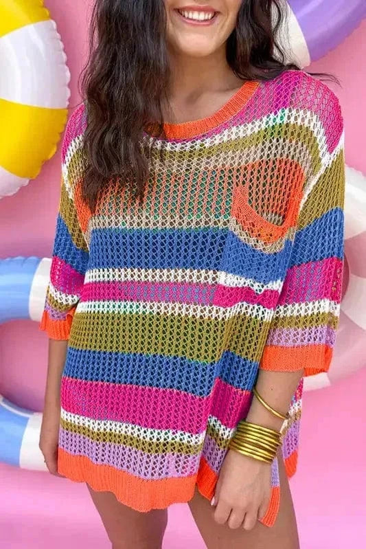 Short Sleeve Sweaters Orange Stripe / S / 100%Acrylic Zesty Lines - Hollowed Crochet Sweater