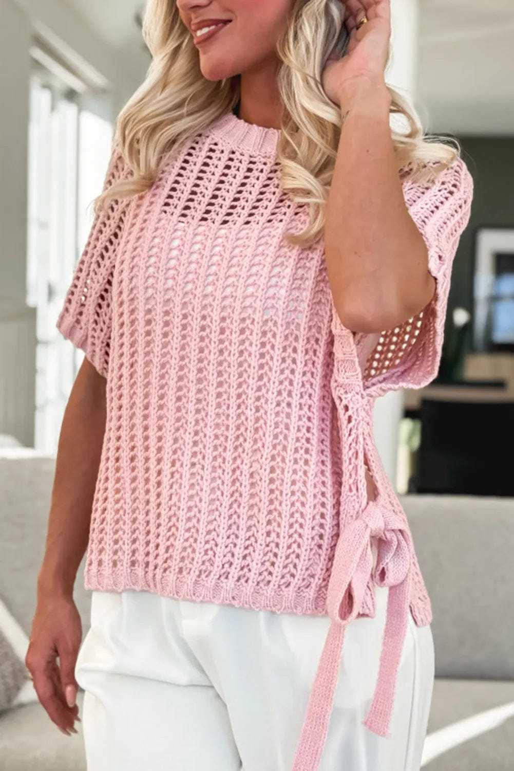 Short Sleeve Sweaters Pink / S / 100%Acrylic Soft Hue Crochet Top