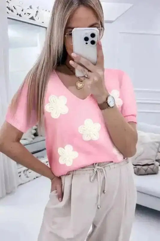 Short Sleeve Sweaters Pink / S / 42%Viscose+35%Polyamide+23%Polyester Blossom Breeze Crochet Sweater