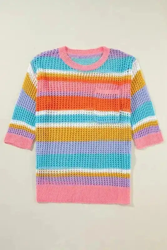 Short Sleeve Sweaters Pink Stripe / S / 100%Acrylic Rosy Ribbons Crochet Sweater
