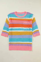 Short Sleeve Sweaters Pink Stripe / S / 100%Acrylic Rosy Ribbons Crochet Sweater