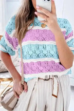 Short Sleeve Sweaters Purple Stripe / S / 100%Acrylic Mosaic Crochet Half Sleeve Sweater