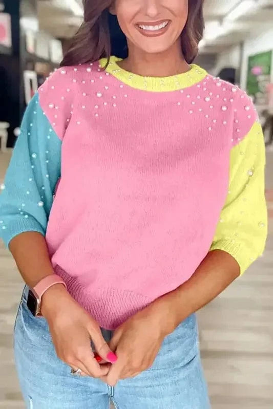 Short Sleeve Sweaters Rose Red / S / 50%Viscose+28%Polyester+22%Polyamide Scarlet Sheen Pearl Sweater