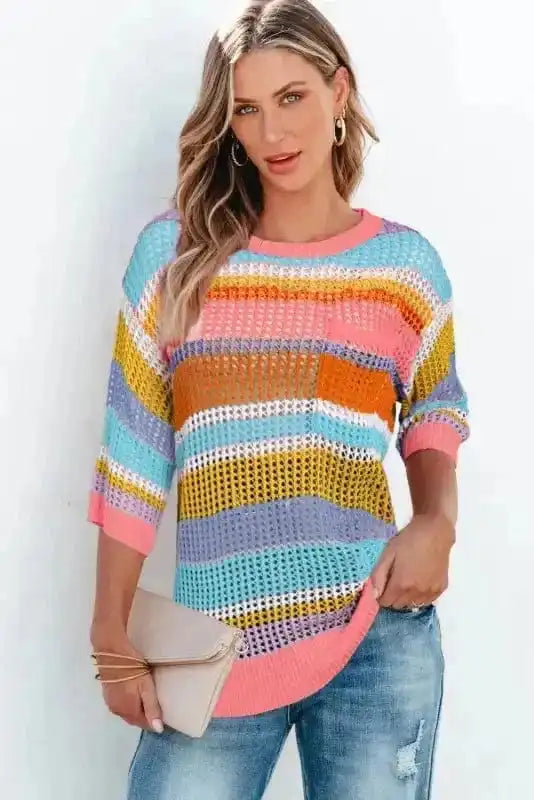Short Sleeve Sweaters Rosy Ribbons Crochet Sweater