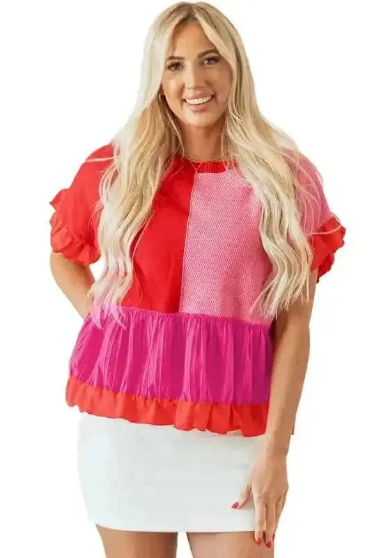 Short Sleeve Sweaters Ruffled Red Patchwork Jumper