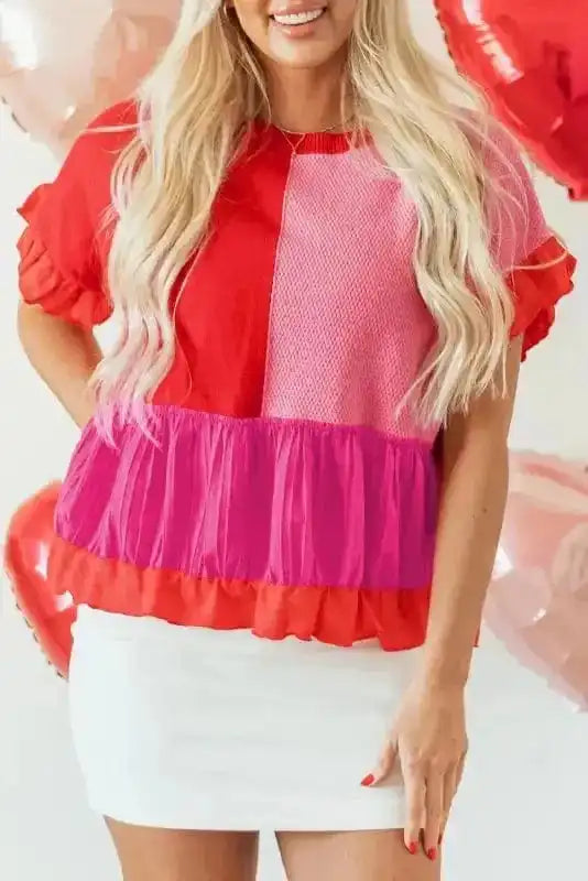 Short Sleeve Sweaters Ruffled Red Patchwork Jumper