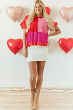 Short Sleeve Sweaters Ruffled Red Patchwork Jumper