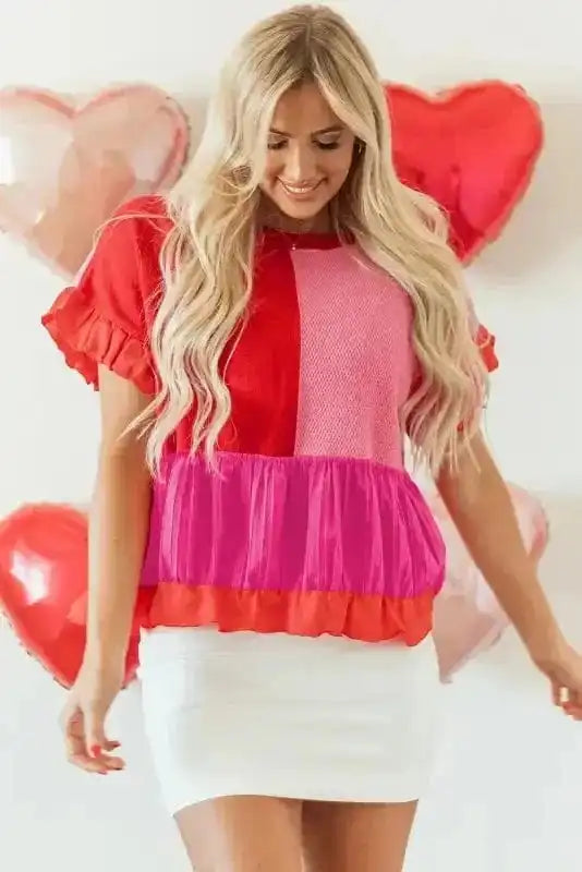Short Sleeve Sweaters Ruffled Red Patchwork Jumper