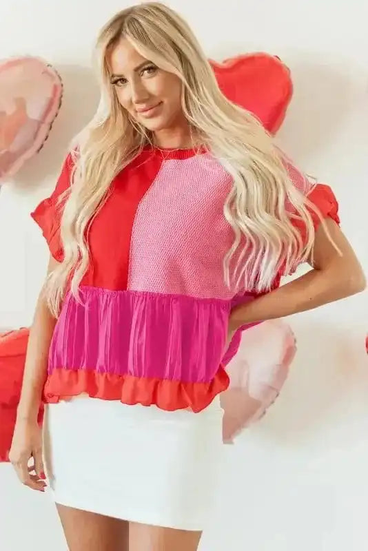 Short Sleeve Sweaters Ruffled Red Patchwork Jumper