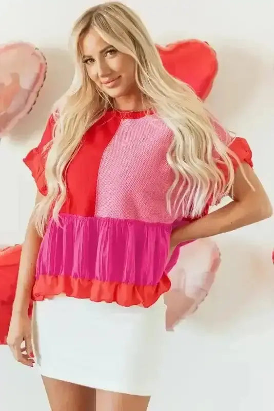 Short Sleeve Sweaters Ruffled Red Patchwork Jumper