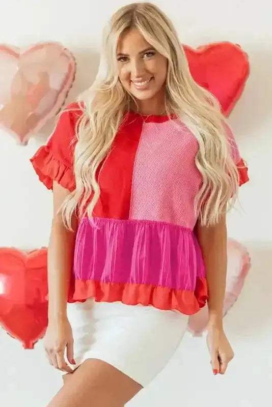 Short Sleeve Sweaters Ruffled Red Patchwork Jumper