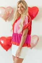 Short Sleeve Sweaters Ruffled Red Patchwork Jumper