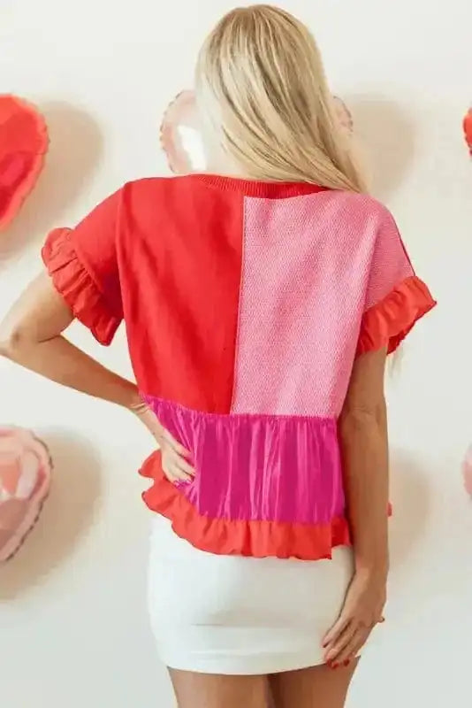 Short Sleeve Sweaters Ruffled Red Patchwork Jumper