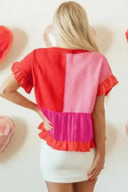 Short Sleeve Sweaters Ruffled Red Patchwork Jumper