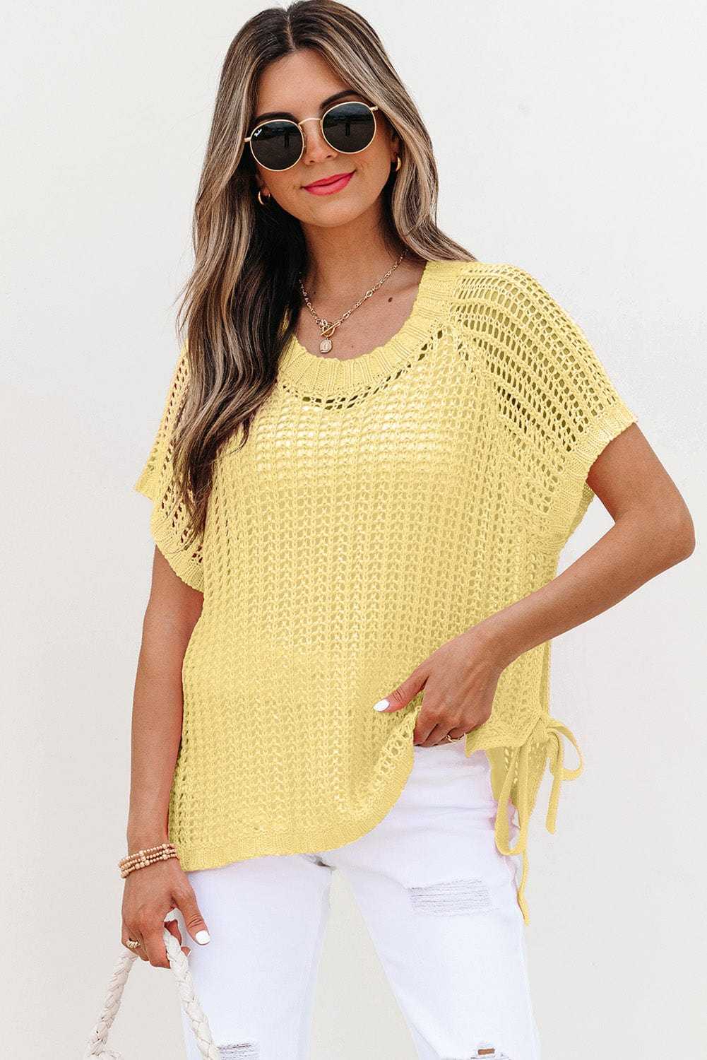 Short Sleeve Sweaters Soft Hue Crochet Top