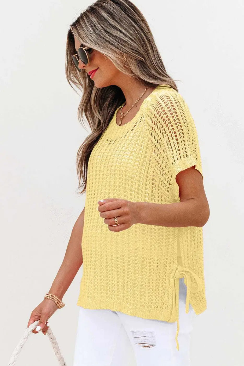 Short Sleeve Sweaters Soft Hue Crochet Top
