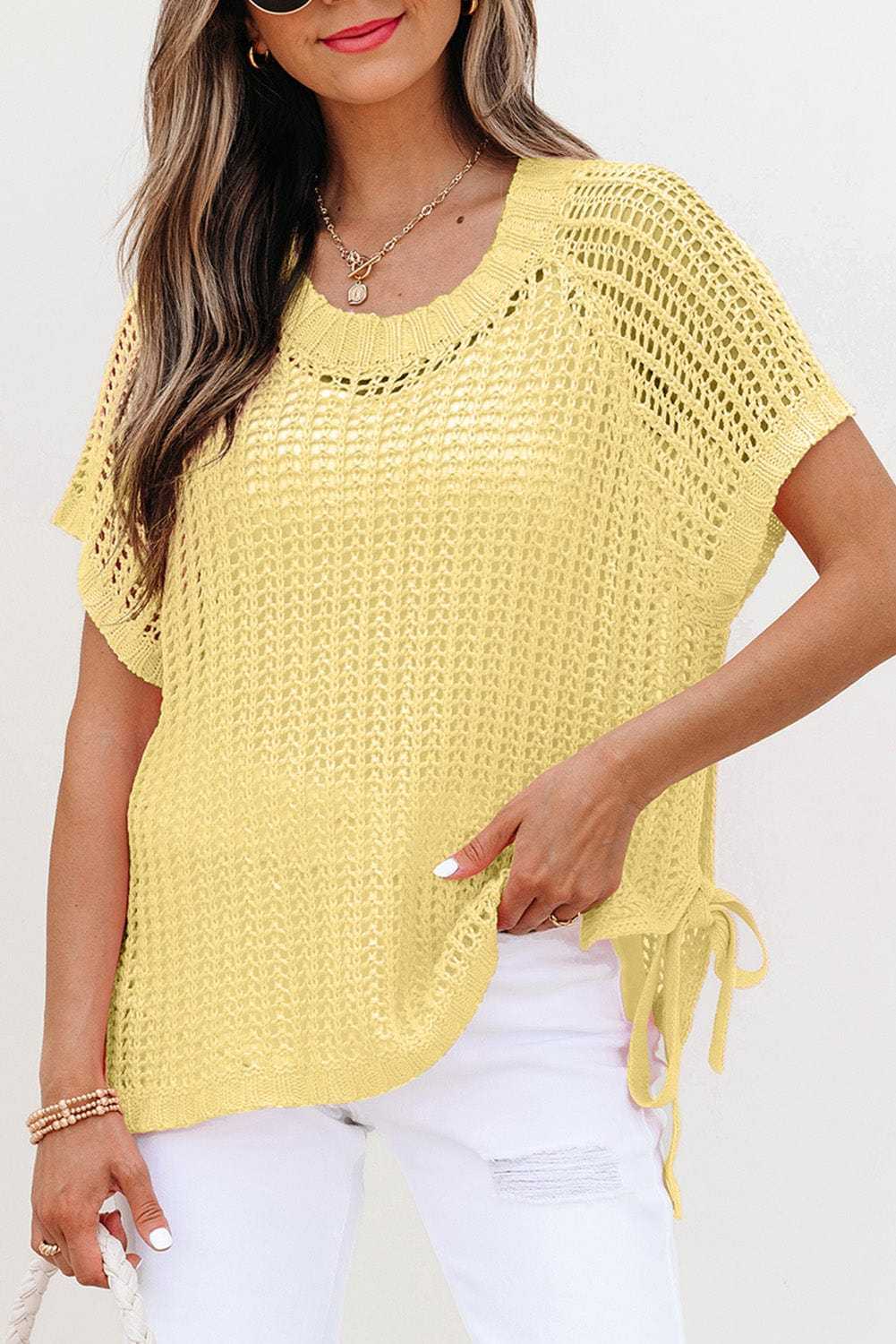 Short Sleeve Sweaters Soft Hue Crochet Top