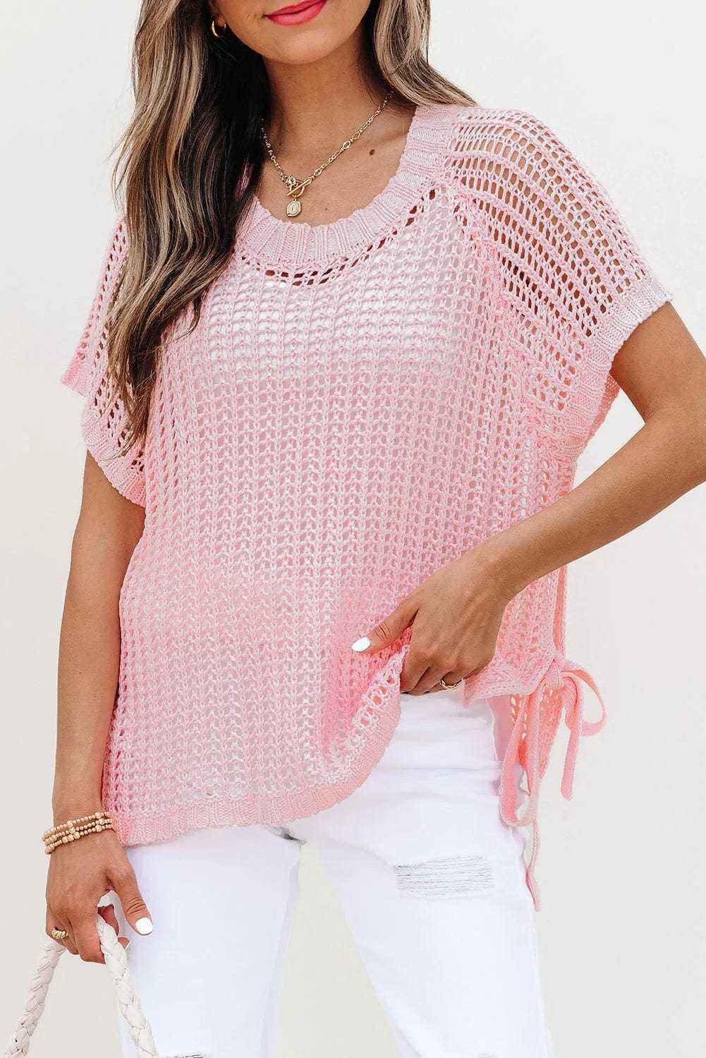 Short Sleeve Sweaters Soft Hue Crochet Top