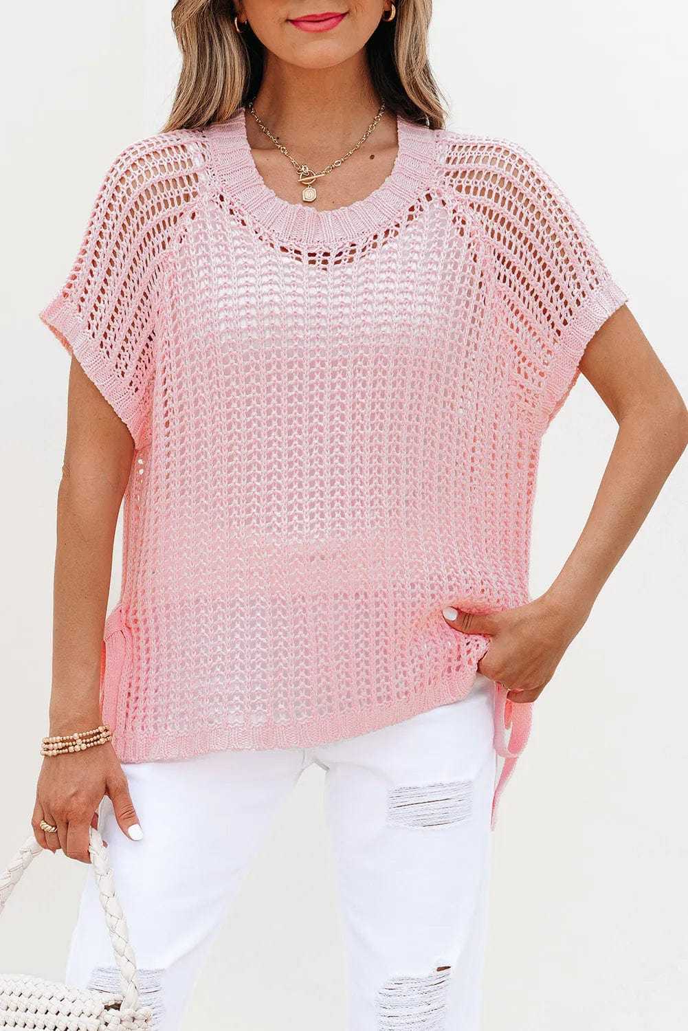 Short Sleeve Sweaters Soft Hue Crochet Top