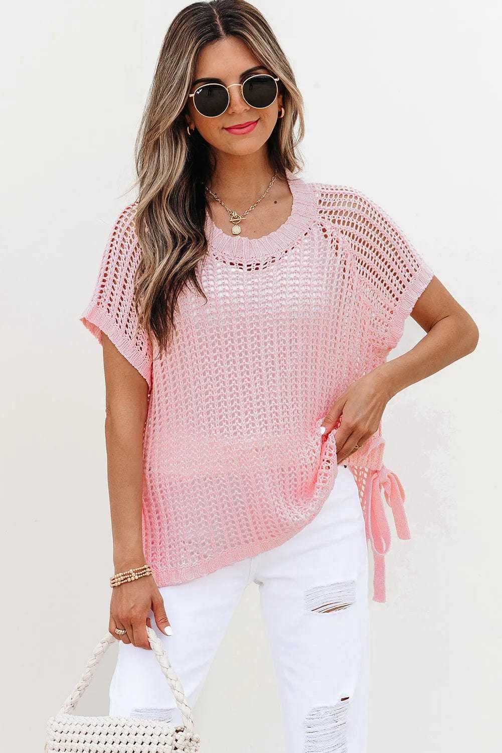 Short Sleeve Sweaters Soft Hue Crochet Top