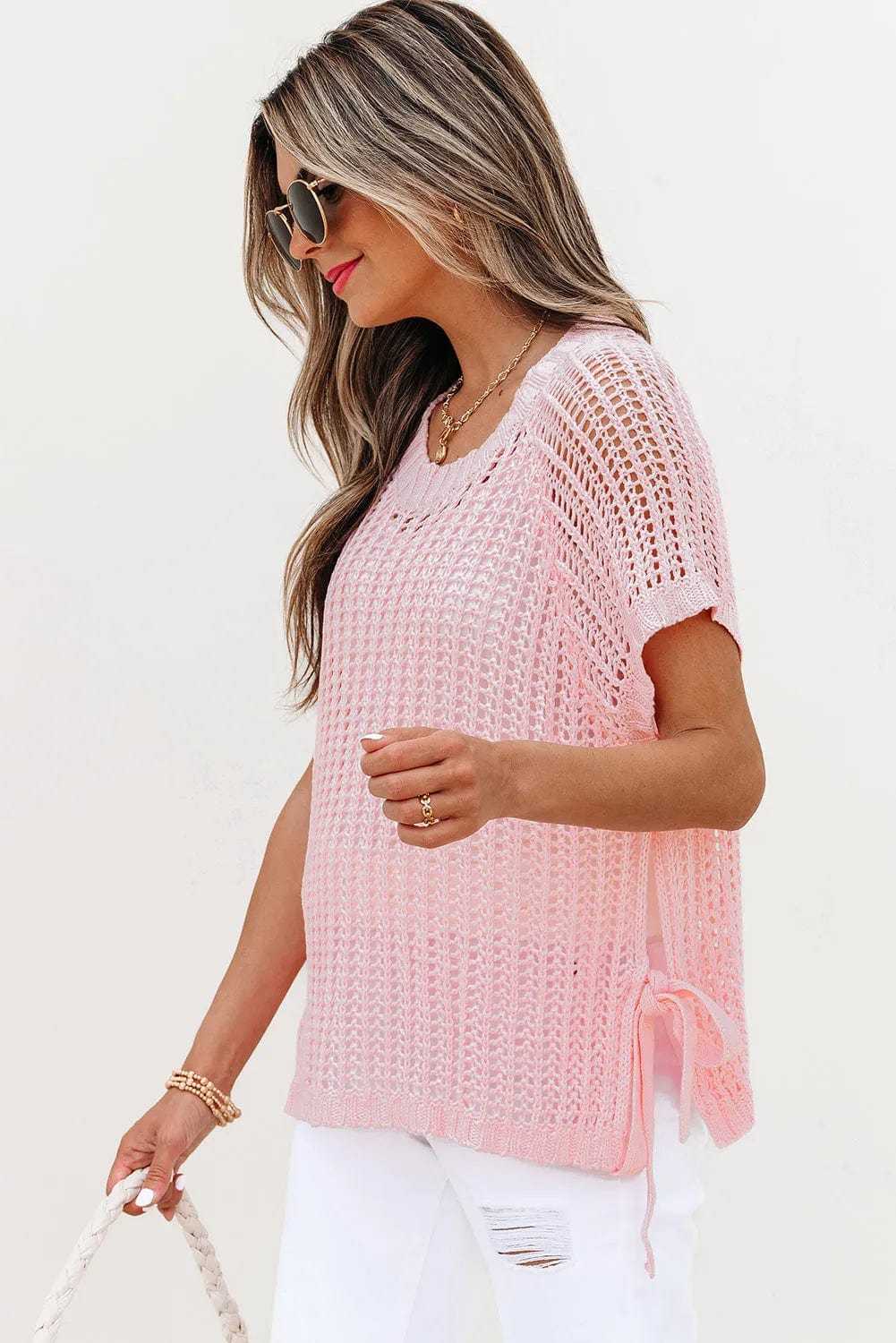 Short Sleeve Sweaters Soft Hue Crochet Top
