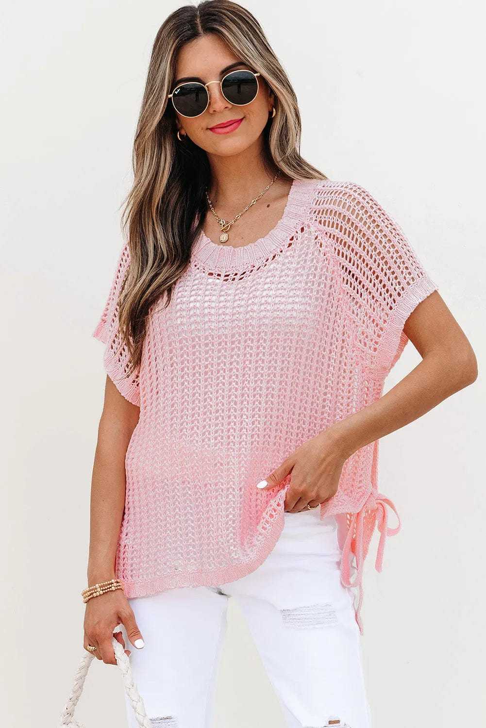 Short Sleeve Sweaters Soft Hue Crochet Top