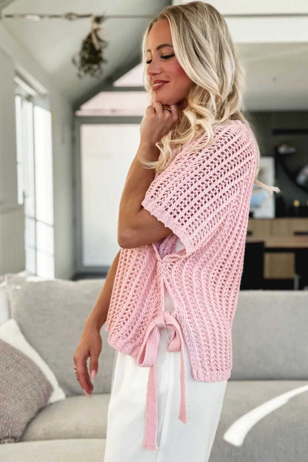 Short Sleeve Sweaters Soft Hue Crochet Top