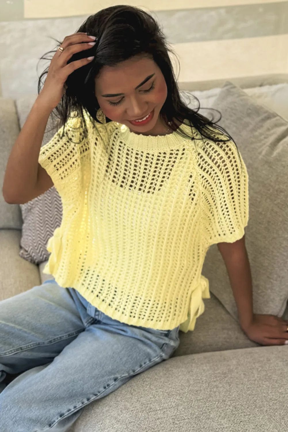 Short Sleeve Sweaters Soft Hue Crochet Top