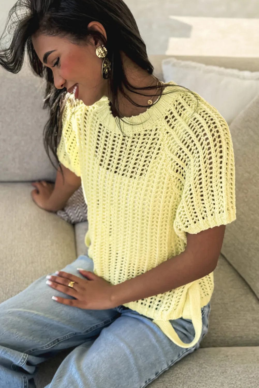 Short Sleeve Sweaters Soft Hue Crochet Top