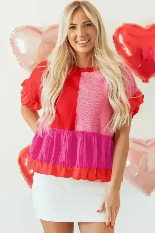 Red patchwork ruffled knit jumper front view — Fashionfitz UK