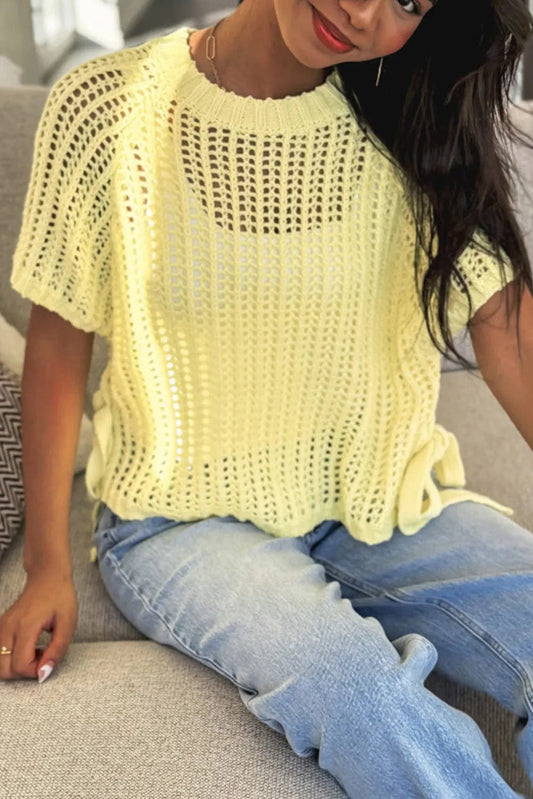 Short Sleeve Sweaters Yellow Cream / S / 100%Acrylic Soft Hue Crochet Top