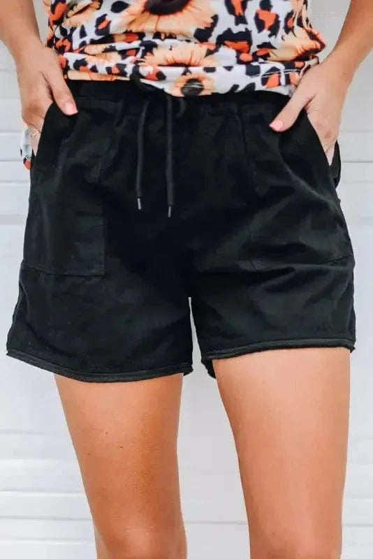 Shorts Black / S / 100%Cotton Khaki Solid Color Drawstring Frayed Hem Pocketed Shorts