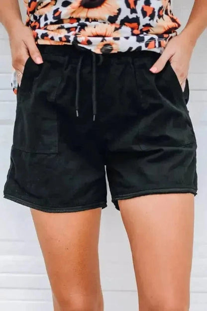 Shorts Black / S / 100%Cotton Khaki Solid Color Drawstring Frayed Hem Pocketed Shorts