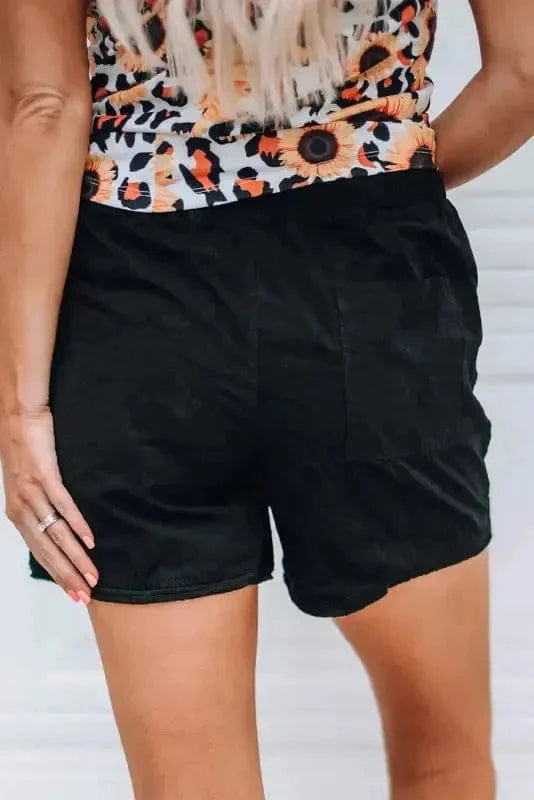 Shorts Khaki Solid Color Drawstring Frayed Hem Pocketed Shorts