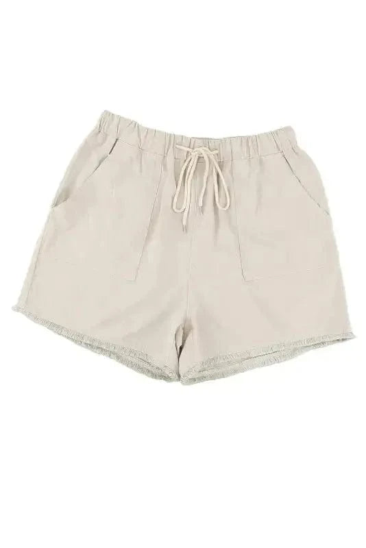 Shorts Khaki Solid Color Drawstring Frayed Hem Pocketed Shorts