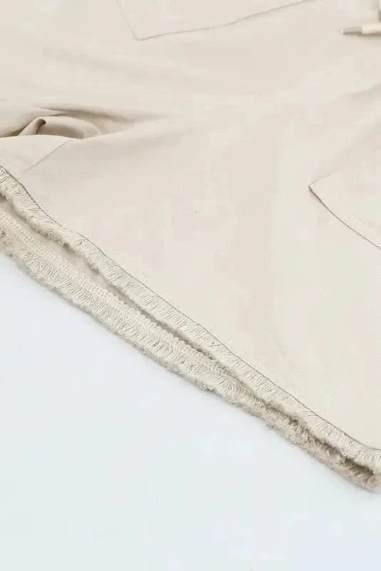 Shorts Khaki Solid Color Drawstring Frayed Hem Pocketed Shorts